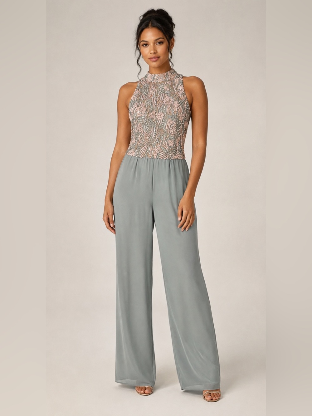 Beaded Halter Jumpsuit in Dusty Grey Blue